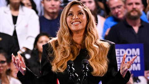 US singer-songwriter Beyonce speaks during a campaign rally for US Vice President and Democratic presidential candidate Kamala Harris at Shell Energy Stadium in Houston, Texas, on 25 October 2024.
