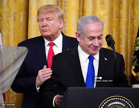 US President Donald Trump and Israeli Prime Minister Benjamin Netanyahu take part in an announcement of Trump's Middle East peace plan in the East Room of the White House in Washington, DC on January 28, 2020. In a choice between Democrat and Republican, Israeli Prime Minister Benjamin Netanyahu is likely hoping his friend Donald Trump will make a triumphant return to the White House.
MANDEL NGAN / AFP