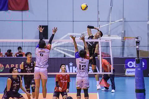 Mark Calado of Cignal attacks the Martelli Meats defense during their Spikers’ Turf Invitational Conference game at the Ynares Sports Arena. The HD Spikers prevailed, 25-10, 25-15, 25-12.