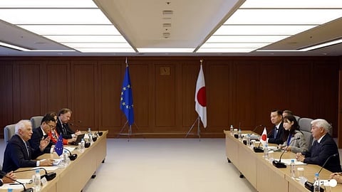 EU High Representative for Foreign Affairs and Security Policy Josep Borrell (left) delivers an opening address at the start of a meeting with Japan's Defence Minister Gen Nakatani (right) at the Defence Ministry in Tokyo on Nov 1, 2024.