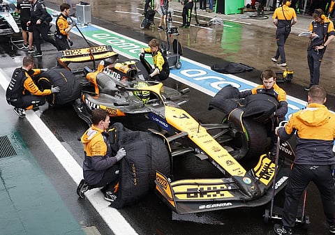 McLaren's British driver Lando Norris pits during a red flag in the Formula One Sao Paulo Grand Prix, at the Jose Carlos Pace racetrack, aka Interlagos, in Sao Paulo, Brazil, on 3 November, 2024.