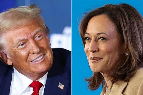 (COMBO) A combination of pictures shows former US President and Republican presidential candidate Donald Trump and US Vice President and Democratic presidential candidate Kamala Harris.