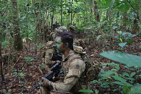 Philippine and Australian Army troops make their way through the jungles of Mount Isarog, Camarines Sur as part of the jungle survival and combat tracking drills from November 4 to 5, 2024. (Photo courtesy of Philippine Army's 9th Infantry "Spear" Division)