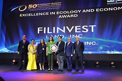 At the bestowing of the 2024 Excellence in Ecology and Economy Award are (from left) PCCI chairperson and 50th Philippine Business Conference Awards chairperson George Barcelon, PCCI president Consul Enunina Mangio, Filinvest Land Inc. VP and controllership head Geraldine Caringal, Vice President Sara Duterte, FLI Sustainability manager Chester del Rosario, PCCI vice president for International Affairs and 50th PBC chairperson Raymund Jude Aguilar, and PCCI director for Education, Environment and Climate Change and 2024 Excellence in Ecology and Economy Awards chairperson Edgardo Lacson.
