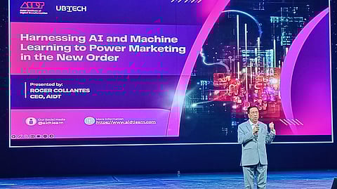 Asian Institute of Digital Transformation founder and chief executive officer Roger Collantes discusses the benefits of AI and robotics during the 4th World Marketing Forum at Newport World Resorts, Pasay City.