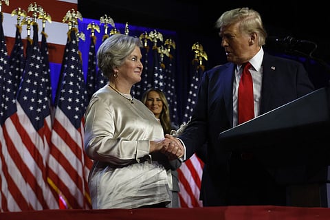 Republican presidential nominee, former U.S. President Donald Trump praises his campaign senior advisor Susie Wiles during an election night event at the Palm Beach Convention Center on November 6, 2024