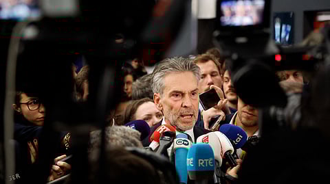 Dutch Prime Minister Dick Schoof addresses journalists on the clashes that erupted after a Europa League football match between Ajax Amsterdam and Maccabi Tel-Aviv in Amsterdam overnight, on the sidelines of an Informal Meeting of Heads of State or Government of the European Union in Budapest, on 8 November 2024.