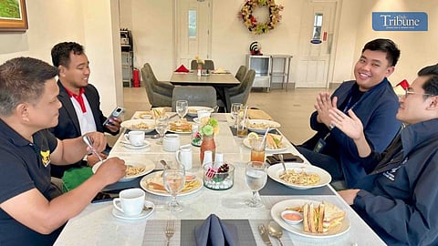 JK Huyatid, manager, right, Corporate affairs manager of Aboitiz Power, and Dominic Bolo, 2nd right, media relations officer, brief newsmen Friday about their company’s continued Corporate Social Responsibility program to Bataan residents.