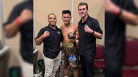 Fast-rising Filipino middleweight Weljon Mindoro boosts his record to 13-0-1 by knocking out Brazilian Luis de Abreu while getting help from cornermen Bobby McRoy (right) and Brendan Gibbons.