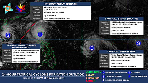 The four active storms that the PAGASA monitors as of 4:00 PM of Monday, 11 November.