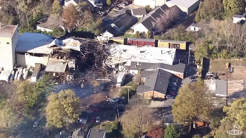 Aerial view shows extensive damage to the roof of the Givaudan Sense Colour factory in Louisville, Kentucky, following an explosion that injured at least 11 employees.