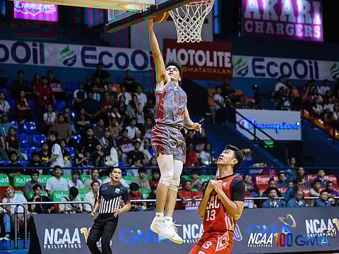 Renz Villegas soars for Lyceum in their 74-65 win over EAC on Tuesday in a crucial Season 100 NCAA men’s baketball game.