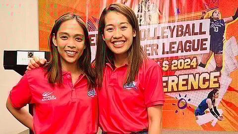 Creamline libero Kyla Atienza (left) and open spiker Bernadeth Pons are thrilled to help discover a new breed of stars through the Rebisco Volleyball League.
