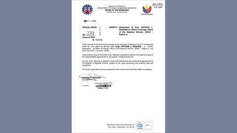 Engr. Mathias L. Malenab appointed as DPWH Region II officer-in-charge, tasked with disaster recovery efforts