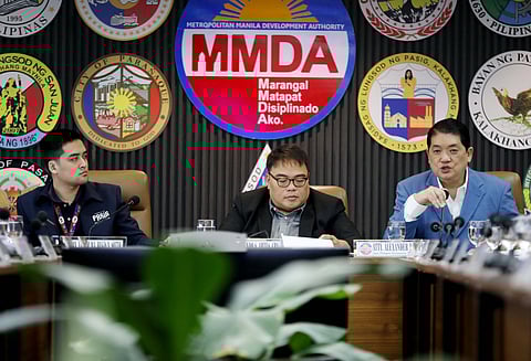 Metropolitan Manila Development Authority chairperson Atty. Don Artes (center) leads the Metro Manila Council meeting on towing and impounding guidelines on Thursday at the MMDA headquarters in Pasig City. Joining him is Pasig City Mayor Vico Sotto (left) and Philippine Reclamation Authority chairperson Atty. Alex Lopez.