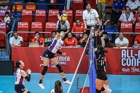 kat Tolentino displays her attacking prowess to lift Choco Mucho to a 27-29, 25-20, 25-19, 17-25, 15-12 win over Galeries Tower in the PVL All-Filipino Conference on Thursday.