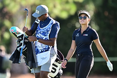 Bianca Pagdanganan looks on from the 18th hole during the first round of The Annika Driven by Gainbridge at Pelican 2024 at Pelican Golf Club in Belleair, Florida.