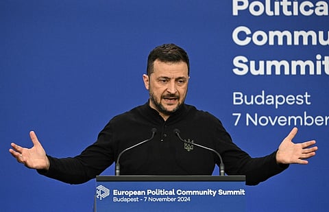 Ukraine's President Volodymyr Zelensky gives a press conference at the European Political Community Summit in Budapest, Hungary, on November 7, 2024.