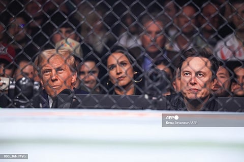 US President-elect Donald Trump and Tesla and SpaceX CEO Elon Musk watch a fight during UFC 309 at Madison Square Garden in New York, on November 16, 2024. US President-elect Donald Trump was greeted by chanting fans as he attended the Ultimate Fighting Championship heavyweight bout at New York's Madison Square Garden on November 16.
Trump entered the arena shortly before the start of the main card accompanied by UFC chief executive Dana White, who was a prominent backer during his election campaign.
Several political allies of Trump were also in attendance including entrepreneurs Elon Musk and Vivek Ramaswamy, who have been asked by Trump to lead efforts to cut government inefficiency.