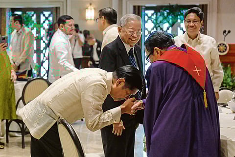 Moving mountains President Ferdinand Marcos Jr., seen being blessed by Bishop Raoul Victorino, underscores the power of faith and belief on higher powers during the 49th Philippine National Prayer Breakfast at Heroes Hall of Malacañang Palace on Monday. Marcos says prayers do resolve challenges, whether personal or those confronting a nation.