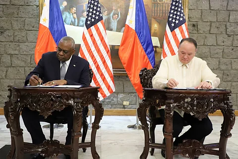 Philippine Defense Secretary Gilberto Teodoro Jr. and US Department of Defense Secretary Lloyd Austin III signed the General Security of Military Information Agreement (GSOMIA) at the Armed Forces of the Philippines General headquarters in Camp Emilio Aguinaldo, Quezon City. (Photo courtesy of DComms)