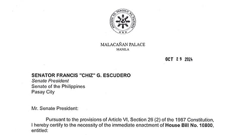 President Ferdinand Marcos Jr. certifies as urgent House Bill No. 10800 or the 2025 General Appropriation Act