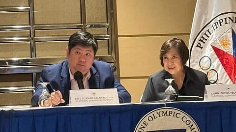 POC elections committee chairman Teodoro Kalaw IV (left) and member Olivia ‘Bong’ Coo preside over the hearing that aims to thresh out the protests raised ahead of the POC elections on 29 November.