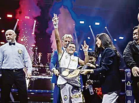 Froilan Saludar celebrates his upset victory over previously unbeaten William Flores of Venezuela in their bantamweight clash recently in Dubai.