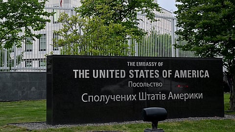 A picture shows a view of the US embassy in Kyiv on May 18, 2022, as the embassy reopens after closing it for three months due to the Russian invasion.