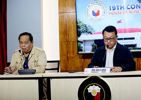 Manila 3rd district representative Joel Chua, chairperson of the House Committee on Good Government and Public Accountability, and House of Representatives (HOR) Sergeant-at-Arms PMGen Napoleon Taas hold a press conference at the HOR’s media center in Quezon City on Friday to explain the ramifications of Vice President Sara Duterte’s alleged overnight stay within the HOR compound to visit her chief-of-staff Zuleika Lopez at the detention facility. Lopez was held in contempt for ‘undue interference’ during a house committee investigation into Vice President Sara Duterte’s confidential funds.