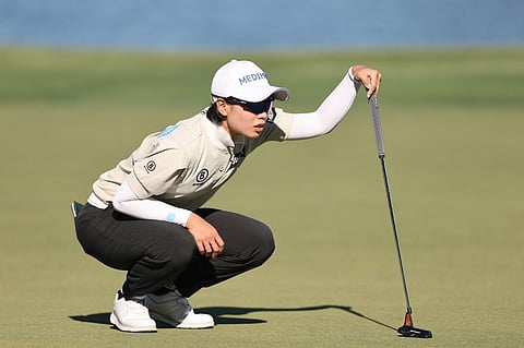 NAPLES, FLORIDA - NOVEMBER 21: Narin An of South Korea lines up a putt on the 18th green during the first round of the CME Group Tour Championship 2024 at Tiburon Golf Club on November 21, 2024 in Naples, Florida.