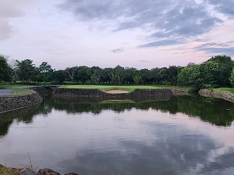 South Pacific Golf Davao’s famous island green on hole 18.