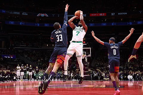 WASHINGTON, DC - NOVEMBER 22: Jaylen Brown #7 of the Boston Celtics shoots the ball during the game against the Washington Wizards during the Emirates NBA Cup game on November 22, 2024 at Capital One Arena in Washington, DC.