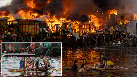 FIRE and brimstone, or so it seems, could not stop a young man (inset) from saving what’s left of his earthly possessions —religious icons, including two Sto. Niños, Mother Mary and Joseph, and the Black Nazarene — from the inferno that engulfed Isla Puting Bato in Tondo, Manila on Sunday. Main photo shows survivors adrift as houses meet their fiery end on the background.
