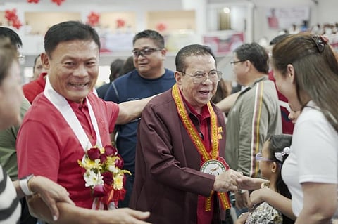SENATORIAL candidate Luis 'Manong Chavit' Singson reunites with long-time friend, Southern Leyte Governor Damian Mercado, during the latter’s birthday celebration at the provincial capitol in Southern Leyte on Sunday. Seizing the moment, Singson passionately shares his key platforms — jeepney modernization, VBank digital card, and the Chavit500 Unified Basic Income — aimed at improving the lives of fellow Filipinos.