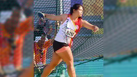 Jewel Trangia displays fine form en route to winning the gold in the girls discus throw in the 2024 Batang Pinoy on Sunday in Puerto Princesa, Palawan.