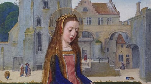 Miniature of Saint Catharina of Alexandria at the Gravensteen in Ghent. From: Hortulus Animae, by Simon Bening and workshop, 1510. ÖNB, cod. 2706, f304v