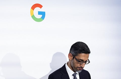 FILES) Alphabet Inc. and Google CEO Sundar Pichai speaks during the inauguration of a Google Artificial Intelligence (AI) hub in Paris on 15 February, 2024. The US government late November 20, 2024 asked a judge to order the dismantling of Google by selling its widely used Chrome browser in a major antitrust crackdown on the internet giant.
