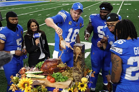 DETROIT, MICHIGAN - NOVEMBER 28: The Detroit Lions celebrate and eat turkey during a CBS interview after beating the Chicago Bears 23-20 at Ford Field on November 28, 2024 in Detroit, Michigan.
Gregory
