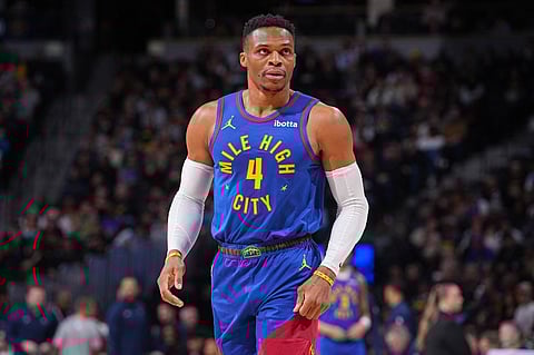DENVER, CO - NOVEMBER 8: Russell Westbrook #4 of the Denver Nuggets looks on during the game against the Miami Heat on November 8, 2024 at Ball Arena in Denver, Colorado.