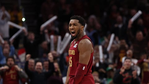 DONOVAN Mitchell celebrates after leading the Cleveland Cavaliers to a 115-111 win over the Boston Celtics in the NBA regular season.
