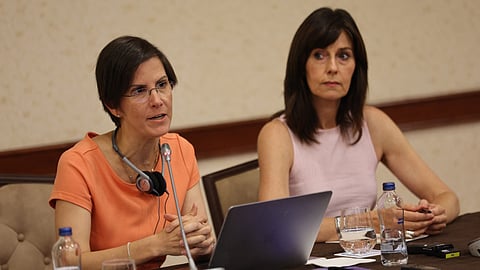 United Nations Special Rapporteur on violence against women, its causes and consequences, Reem Alsalem (L) and UN Human Rights Officer Orlagh McCann (R) address a press conference in Ankara on 27 July 2022 where Alsalem shared preliminary findings from her visit to Turkey and urged the Turkish governement to reconsider its decision of withdrawal from Istanbul Convention, a treaty on preventing and fighting violence against women.