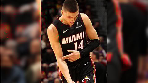 Tyler Herro celebrates after powering the Miami Heat to a 41-point win over the Los Angeles Lakers, 134-93, in the NBA regular season.