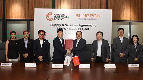 CREC president and CEO Oliver Tan (fourth from left) and Sungrow VP Shawn Shi (fifth from left) signed the battery storage agreement, with CREC chairman Edgar Saavedra (third from left), Citicore Construction President Alreetz Santander (second from left), and Citicore Group CFO Lucia Roderos (left), Sungrow general manager for APAC Luis Xu (third from right), Sungrow head of SEA Michael Ruan (second from right) and Sungrow Account manager Tina Qin (right).