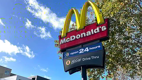 A McDonald’s emblem adorns the front of one of their outlets in Sydney on 4 July 2024. McDonald’s fast-food outlets in Australia have cut breakfast service hours as bird flu outbreaks around the country hit egg supplies.