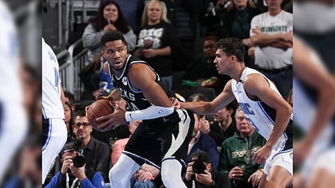 MILWAUKEE, WI - DECEMBER 10: Giannis Antetokounmpo #34 of the Milwaukee Bucks handles the ball during the game against the Orlando Magic during the Emirates NBA Cup Quarterfinals on December 10, 2024 at Fiserv Forum Center in Milwaukee, Wisconsin.