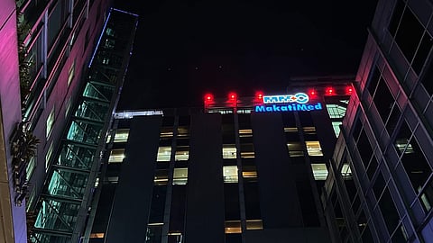 The red lights in front of Makati Medical Center's Tower 1 signal the urgent need for blood donations. The hospital's Blood Bank often experiences low supplies during this time of the year.