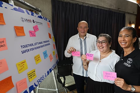 Left: (From left) The Asia Foundation Country Representative Sam Chittick, Dakila Executive Director Leni Velasco, and USAID Acting Mission Director Rebekah Eubanks show their commitment to protecting human rights defenders against digital threats during the launch of the Cybersecurity for Human Rights in the Philippines (C4HR-PH) initiative on 12 December.