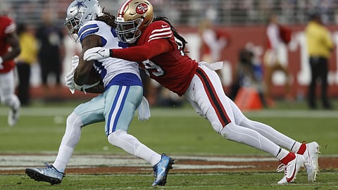 San Francisco's De'Vondre Campbell (right) is unlikely to play for the 49ers again after refusing to take to the field in Thursday's home defeat to the Los Angeles Rams