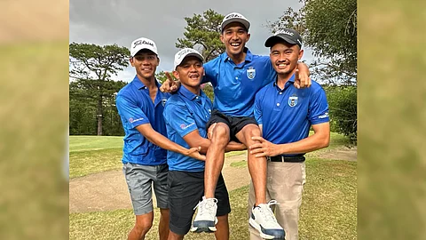 Eastridge Primehomes celebrates after snapping Manila Southwoods’ nine-year reign in the Fil Championship division of the 74th Januarius Fil Am Invitational in Baguio City. Shown are Bobe Salahog, Ronel Taga-an, Jhondie Quibol and Jeffren Lumbo.